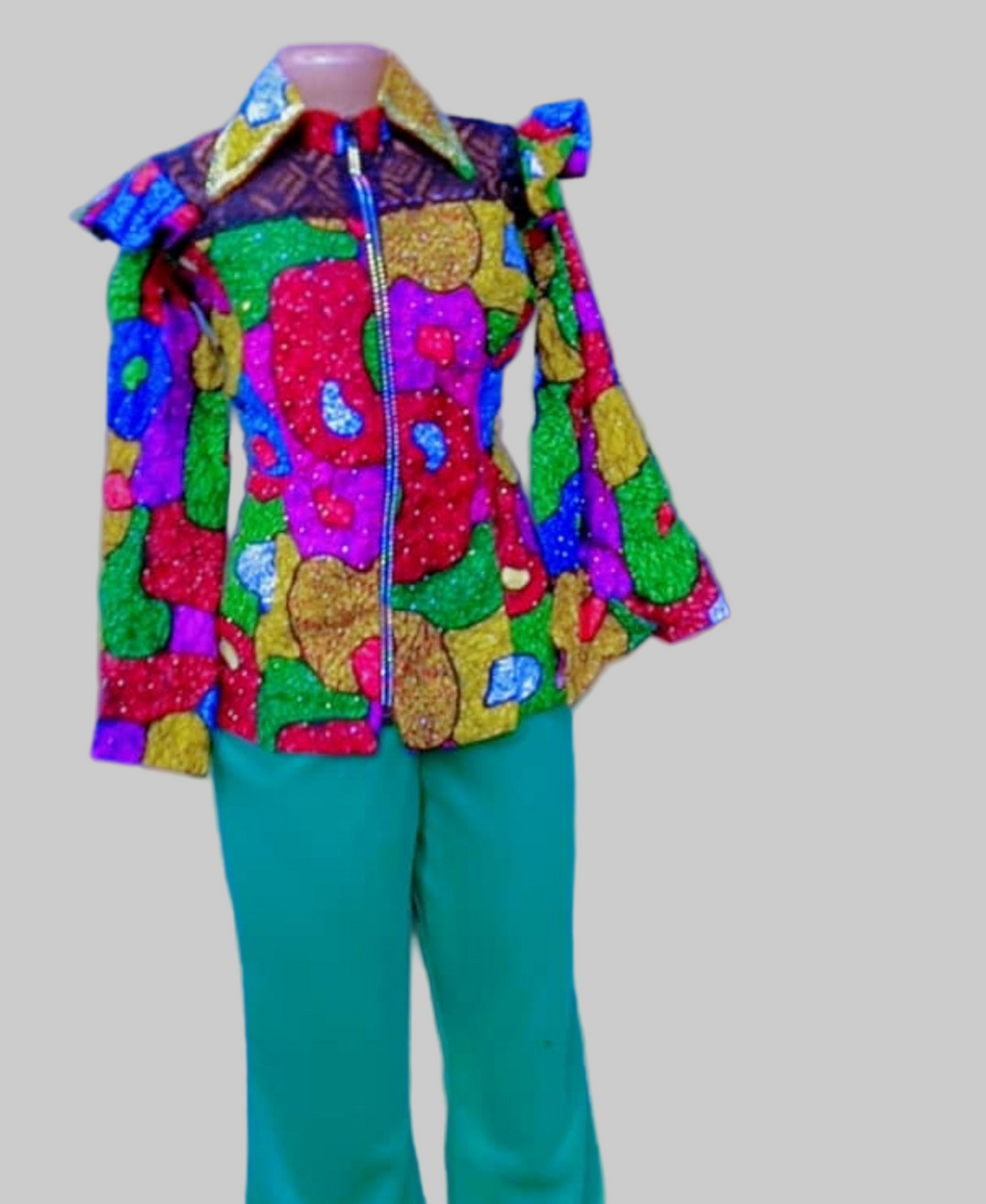 SIX PIECES ANKARA BLOUSE WITH STONES AND MATCHING PANT.