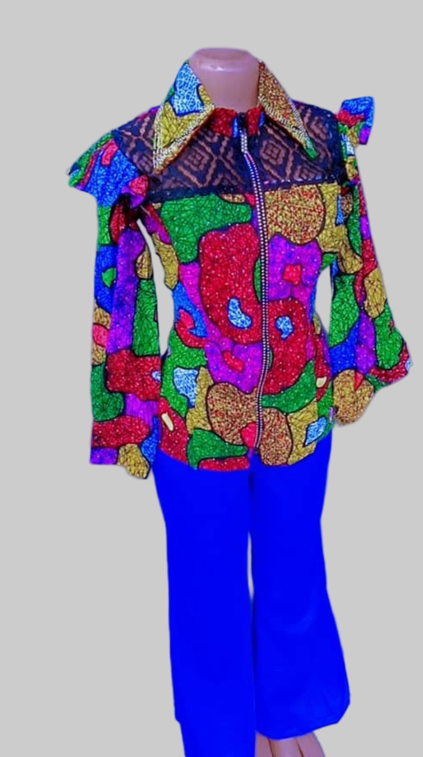 SIX PIECES ANKARA BLOUSE WITH STONES AND MATCHING PANT.